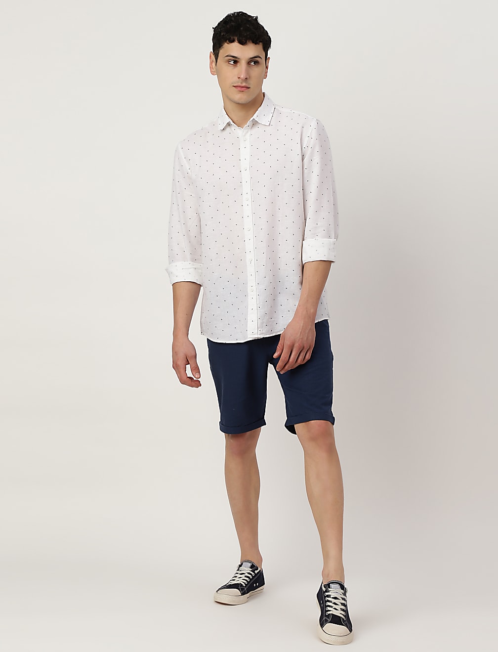 Linen Mix Printed Spread Collar Shirt