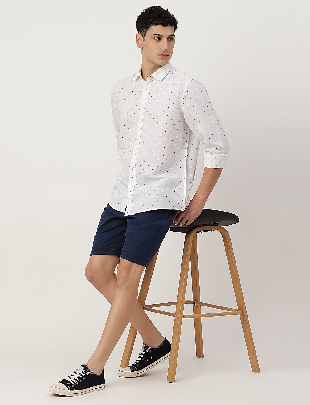 Linen Mix Printed Spread Collar Shirt