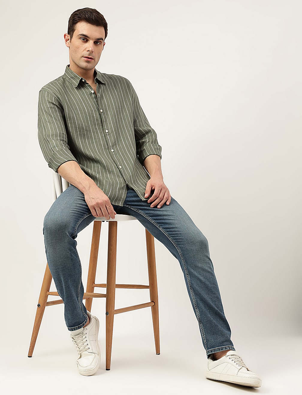 Relaxed Fit Pure Flax Stripes Spread Collar Shirt