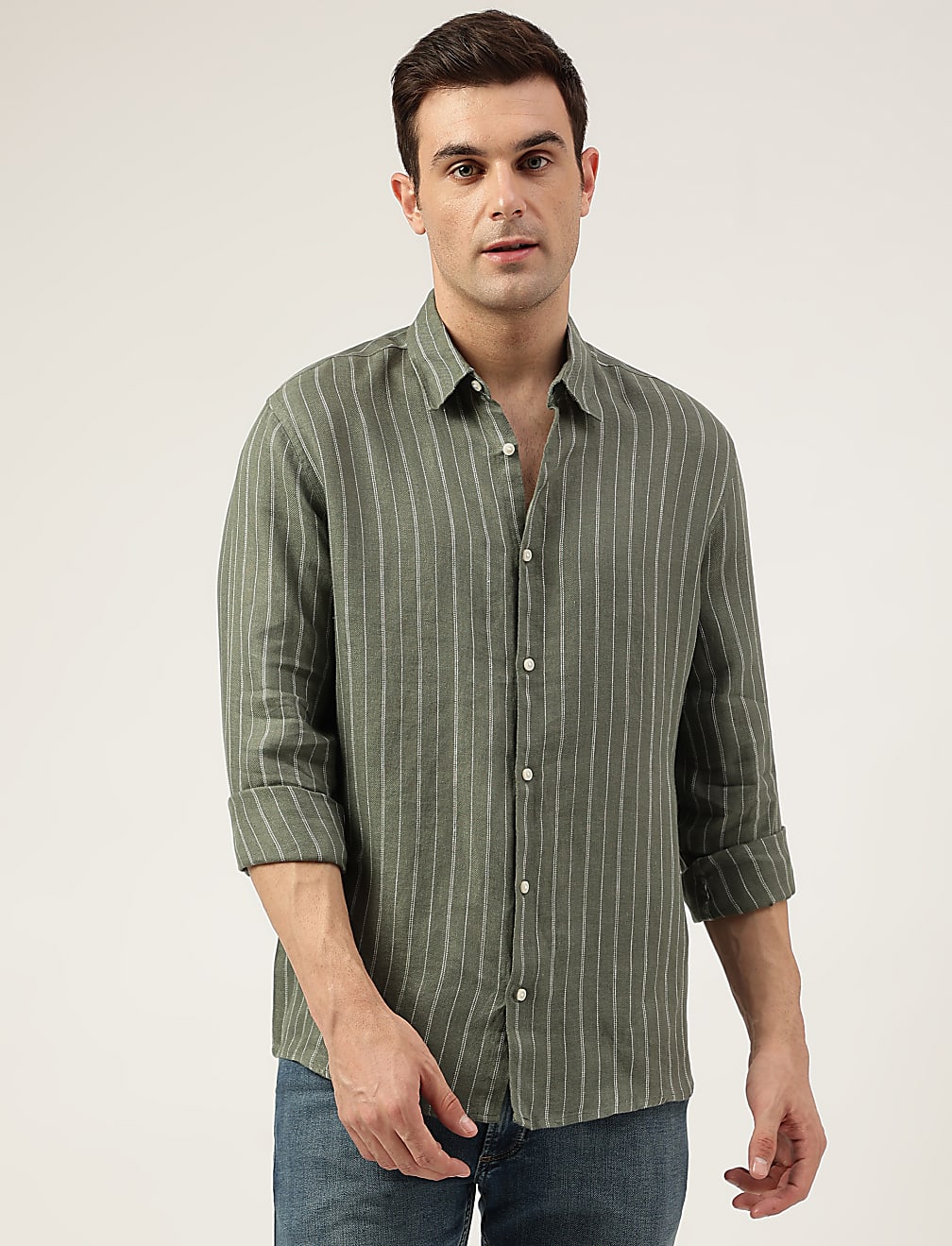 Relaxed Fit Pure Flax Stripes Spread Collar Shirt