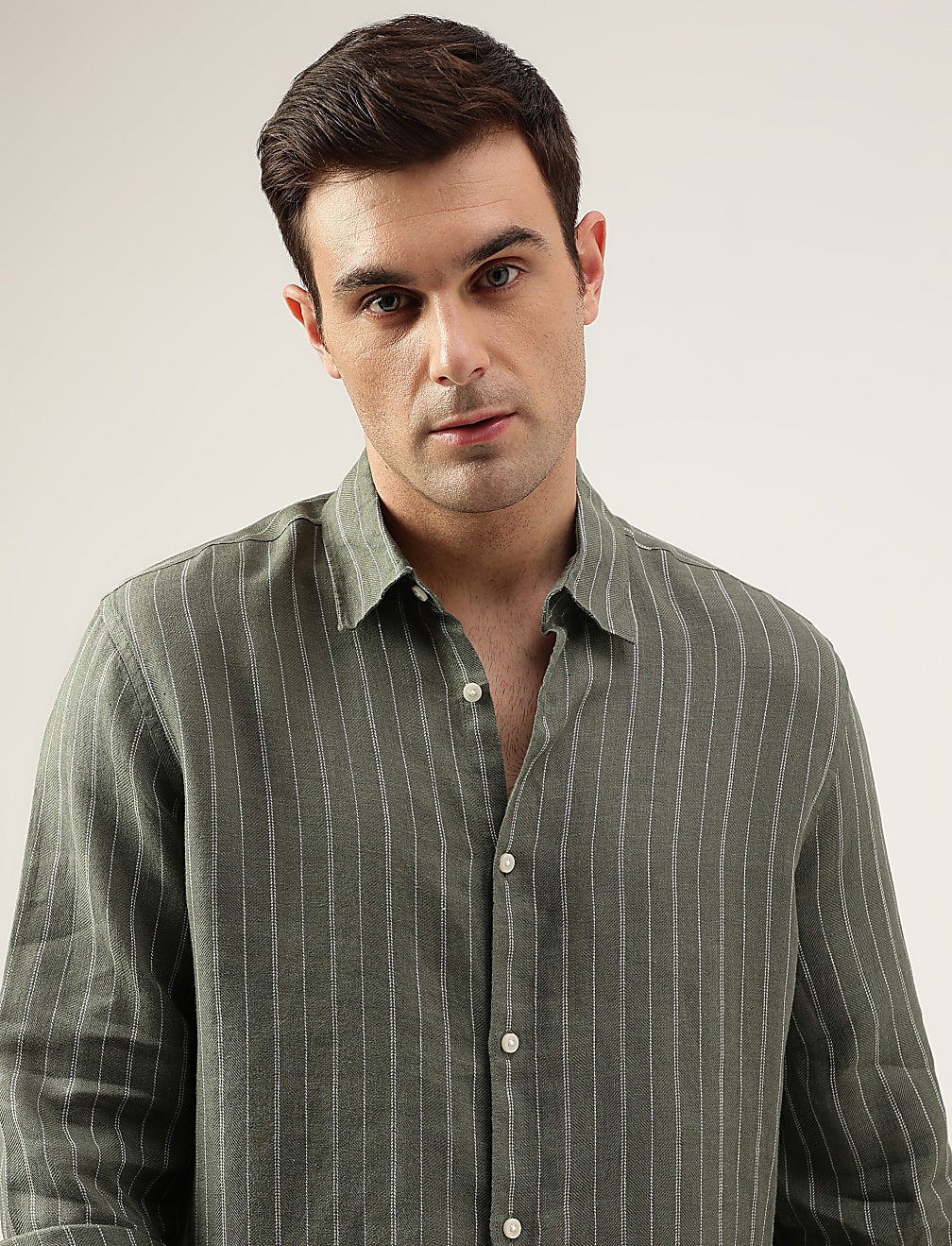 Relaxed Fit Pure Flax Stripes Spread Collar Shirt