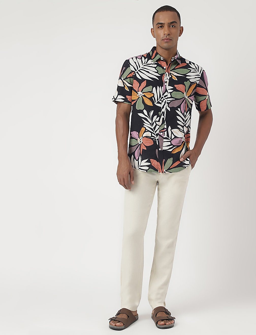 Linen-Blend Floral Printed Shirt