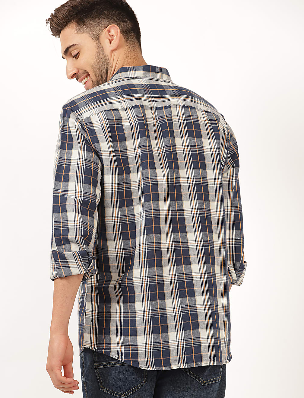 Linen Mix Checked Spread Collar Shirt