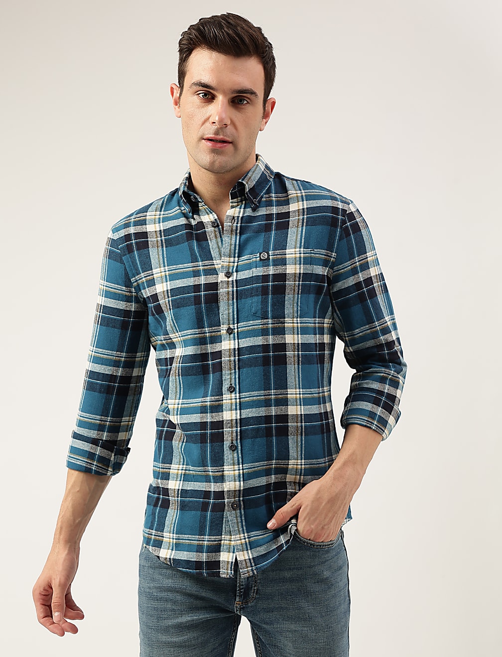 Regular Fit Pure Cotton Checks Button Down Collar Shirt