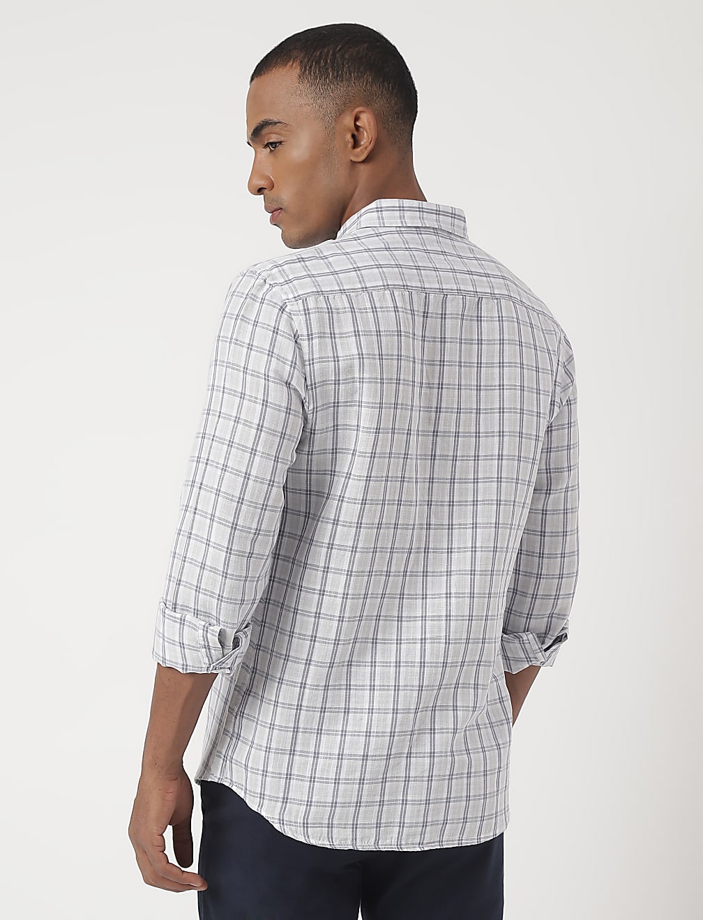 Linen Mix Checked Spread Collar Shirt