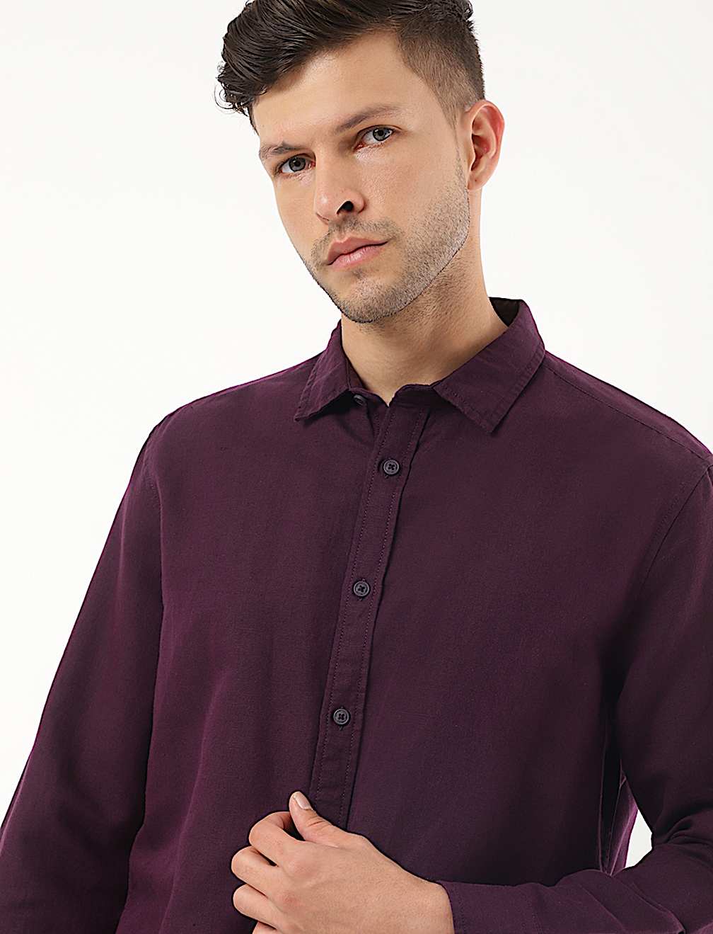 Linen Mix Plain Spread Collar Shirt