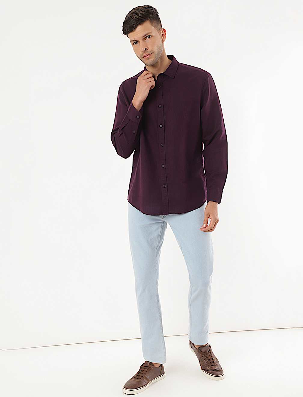 Linen Mix Plain Spread Collar Shirt