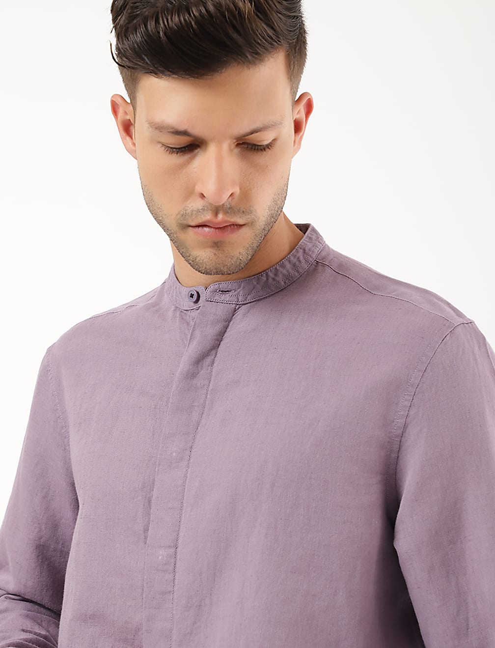 Linen Mix Plain Mandarin Collar Shirt