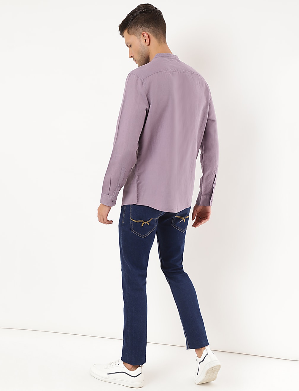 Linen Mix Plain Mandarin Collar Shirt