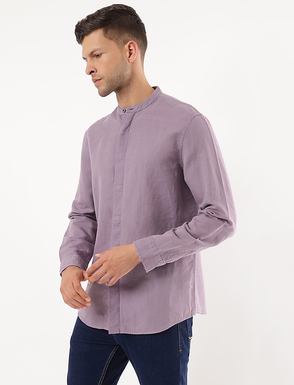 Linen Mix Plain Mandarin Collar Shirt