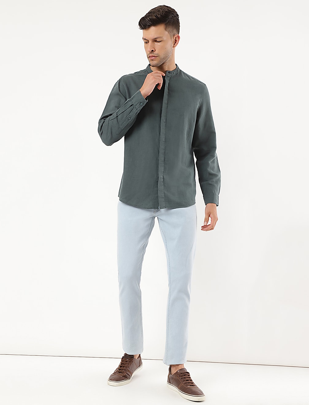 Linen Mix Plain Mandarin Collar Shirt