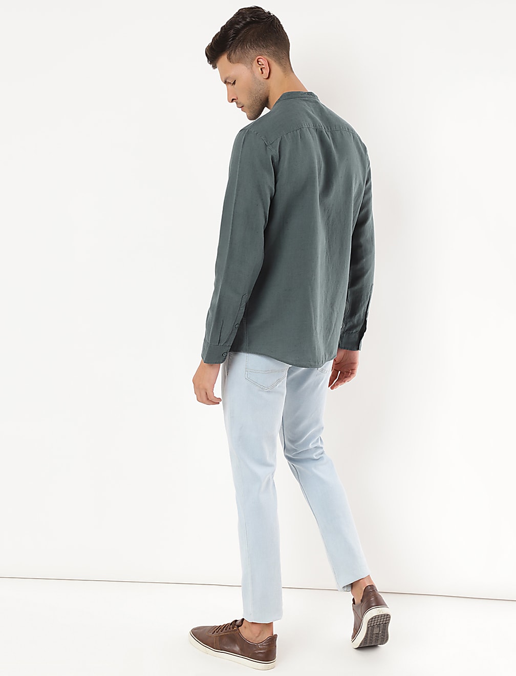 Linen Mix Plain Mandarin Collar Shirt