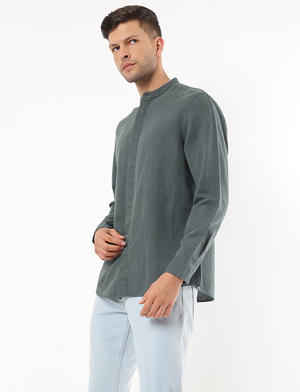 Linen Mix Plain Mandarin Collar Shirt