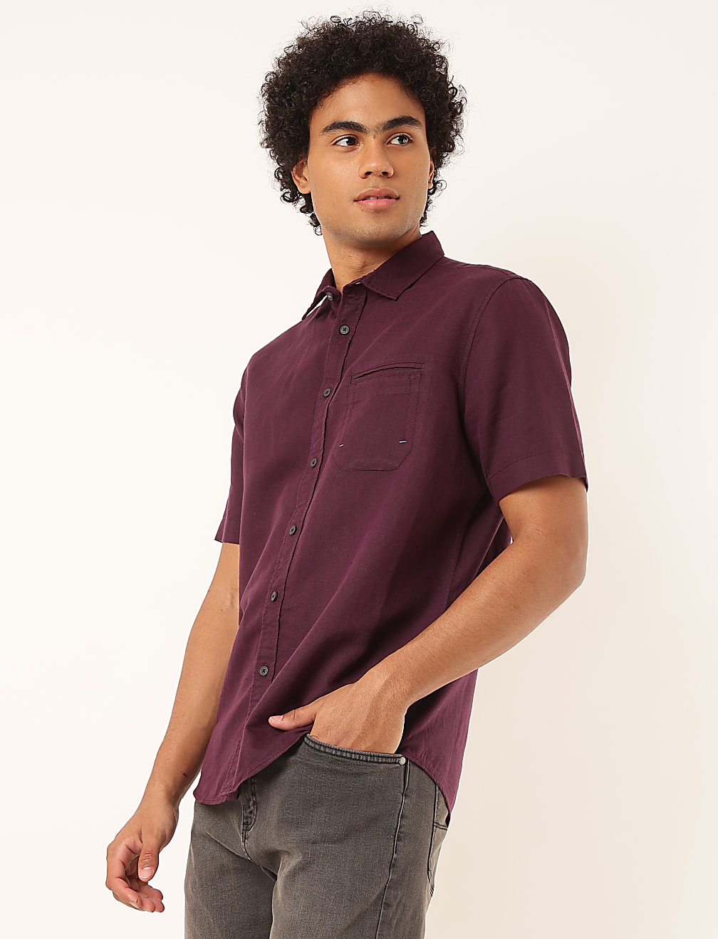 Linen Mix Plain Spread Collar Shirt