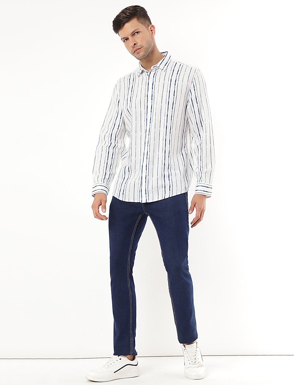 Linen Mix Striped Spread Collar Shirt