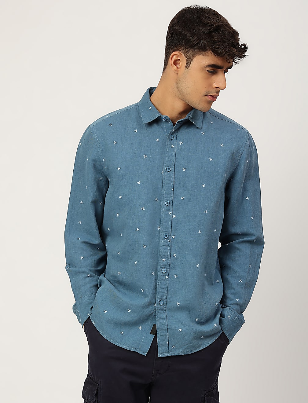 Linen Mix Printed Spread Collar Shirt