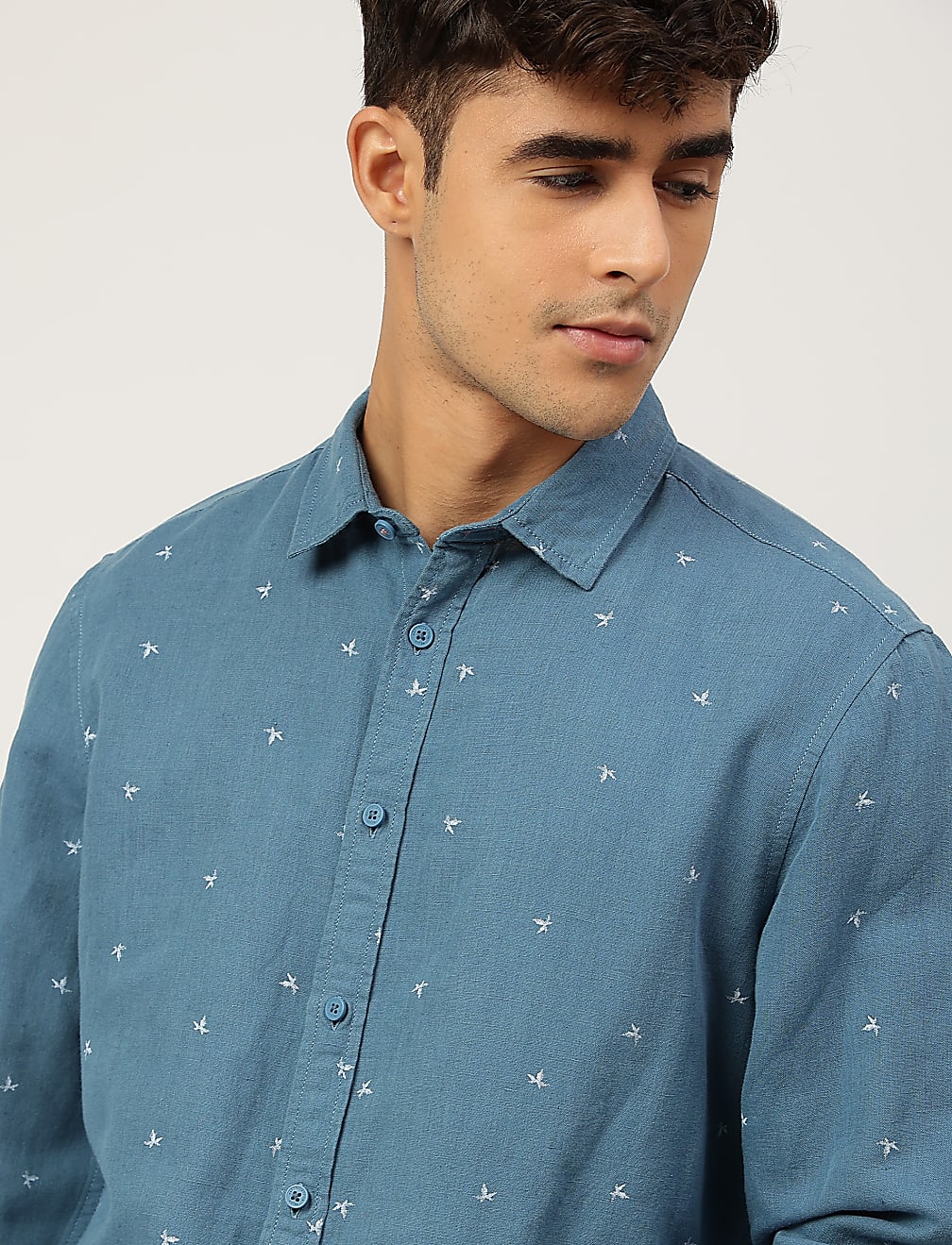 Linen Mix Printed Spread Collar Shirt