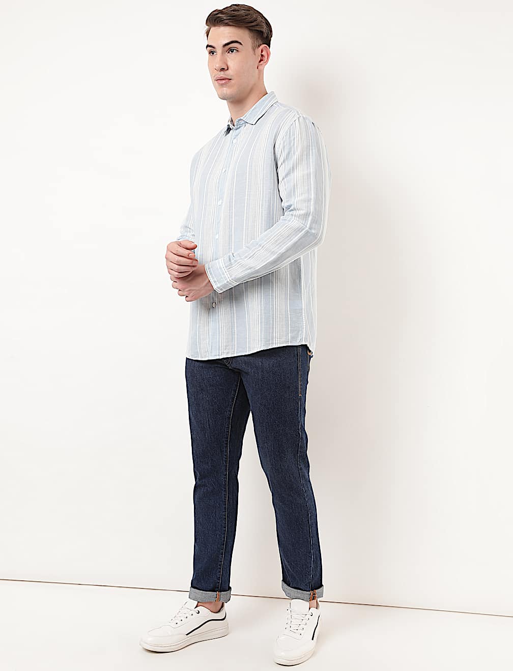 Linen Mix Striped Spread Collar Shirt