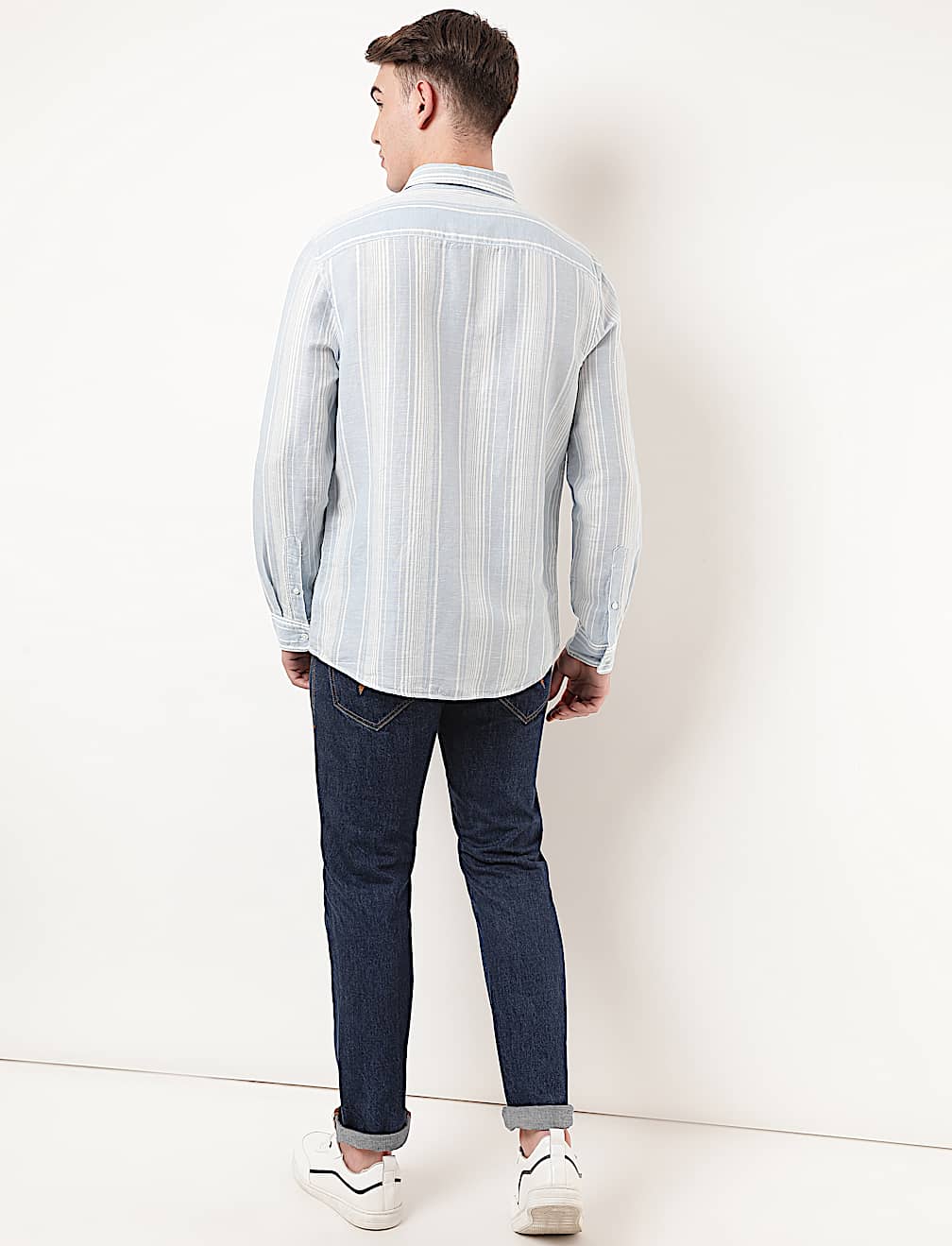 Linen Mix Striped Spread Collar Shirt