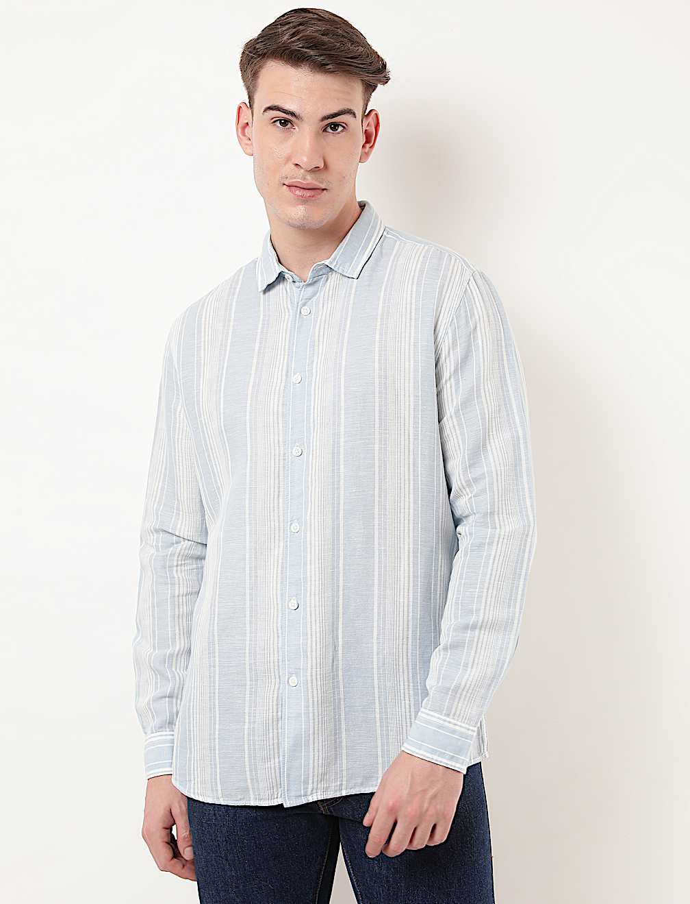 Linen Mix Striped Spread Collar Shirt