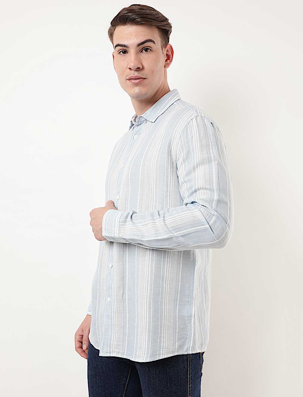 Linen Mix Striped Spread Collar Shirt