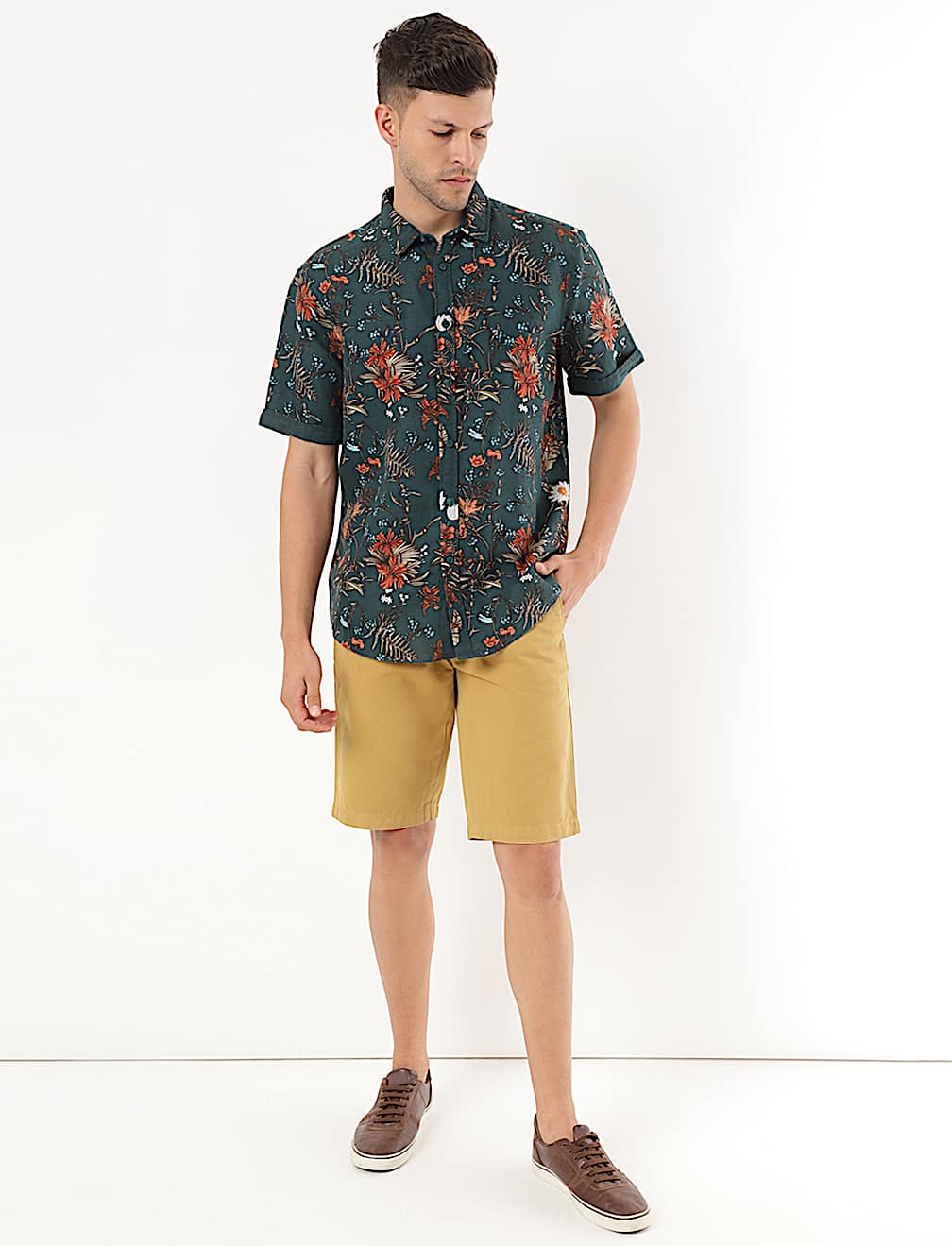 Linen Mix Floral Print Spread Collar Shirt