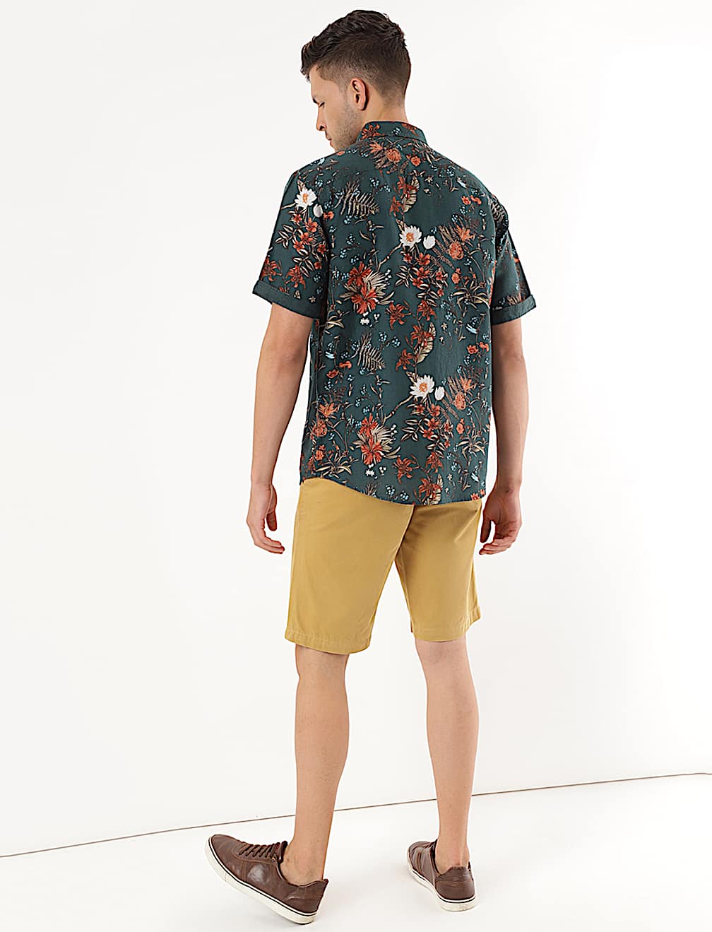 Linen Mix Floral Print Spread Collar Shirt