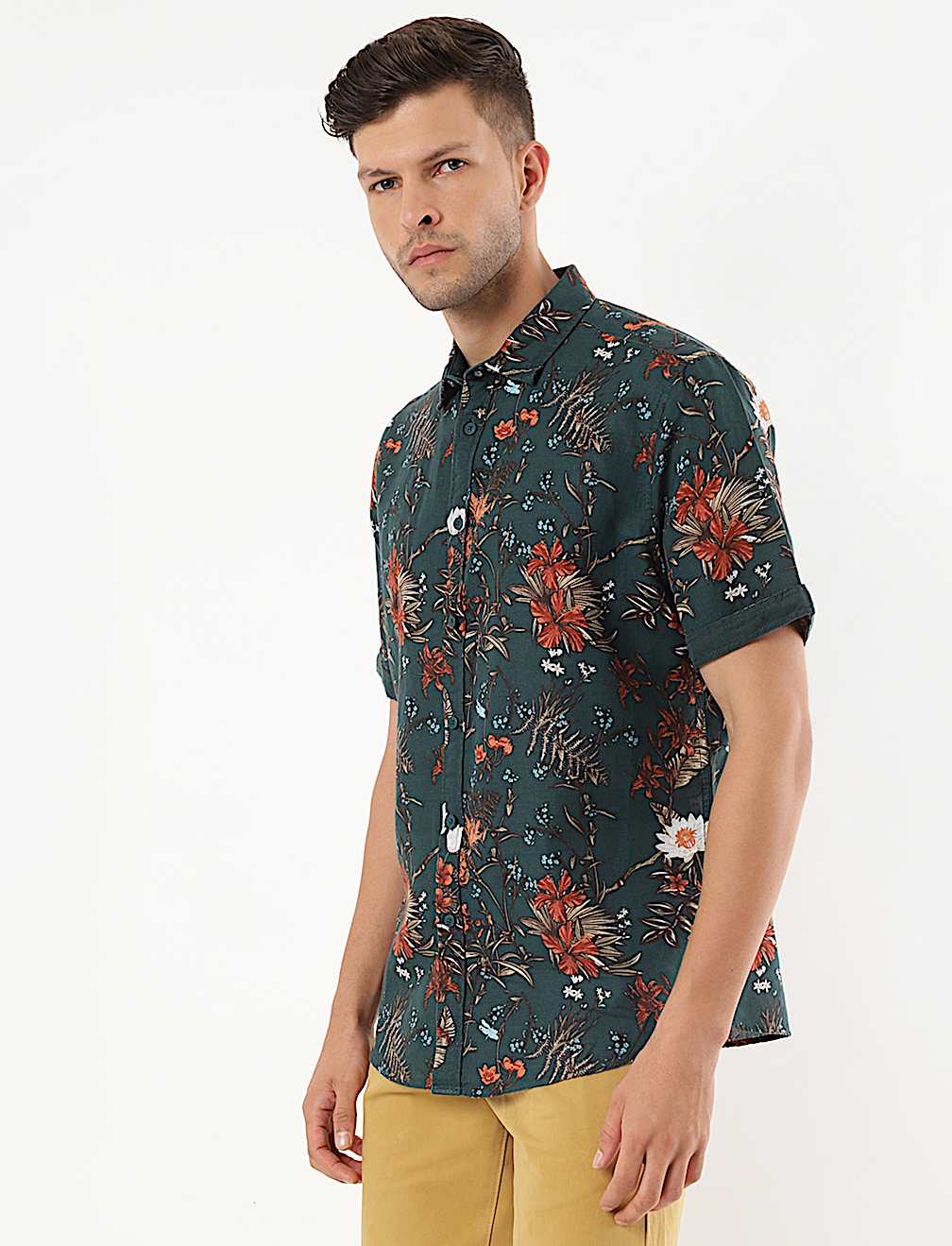 Linen Mix Floral Print Spread Collar Shirt