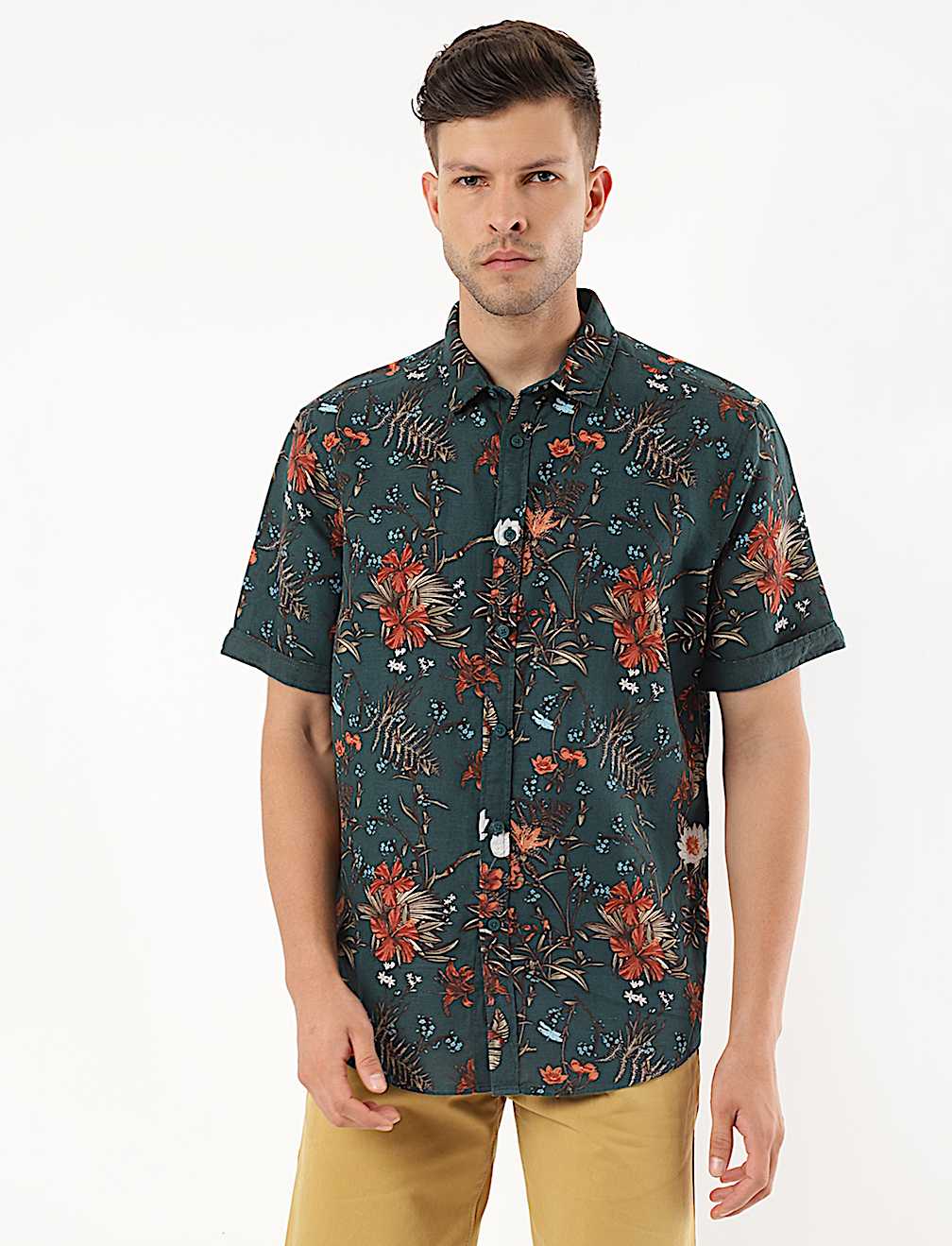 Linen Mix Floral Print Spread Collar Shirt