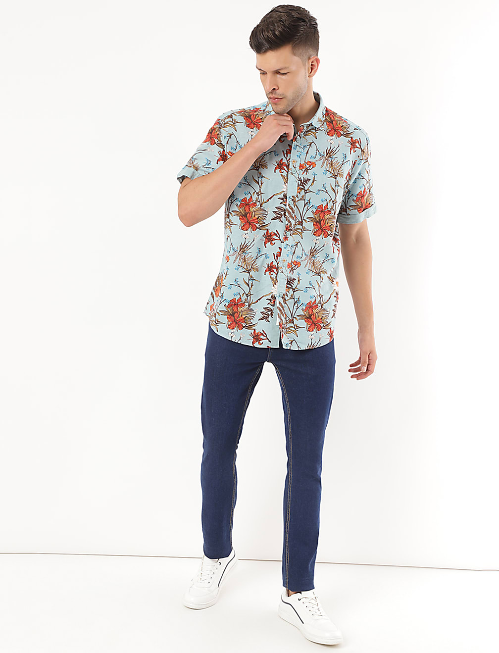 Linen Mix Floral Print Spread Collar Shirt