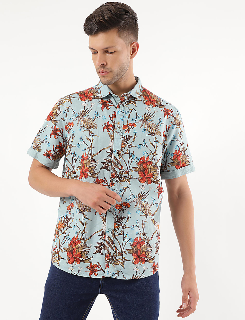 Linen Mix Floral Print Spread Collar Shirt