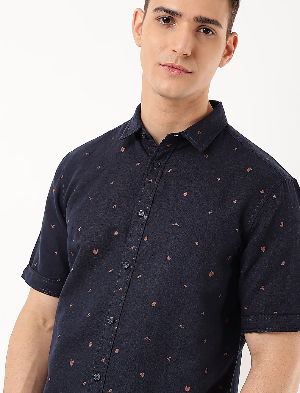 Linen Mix Printed Spread Collar Shirt