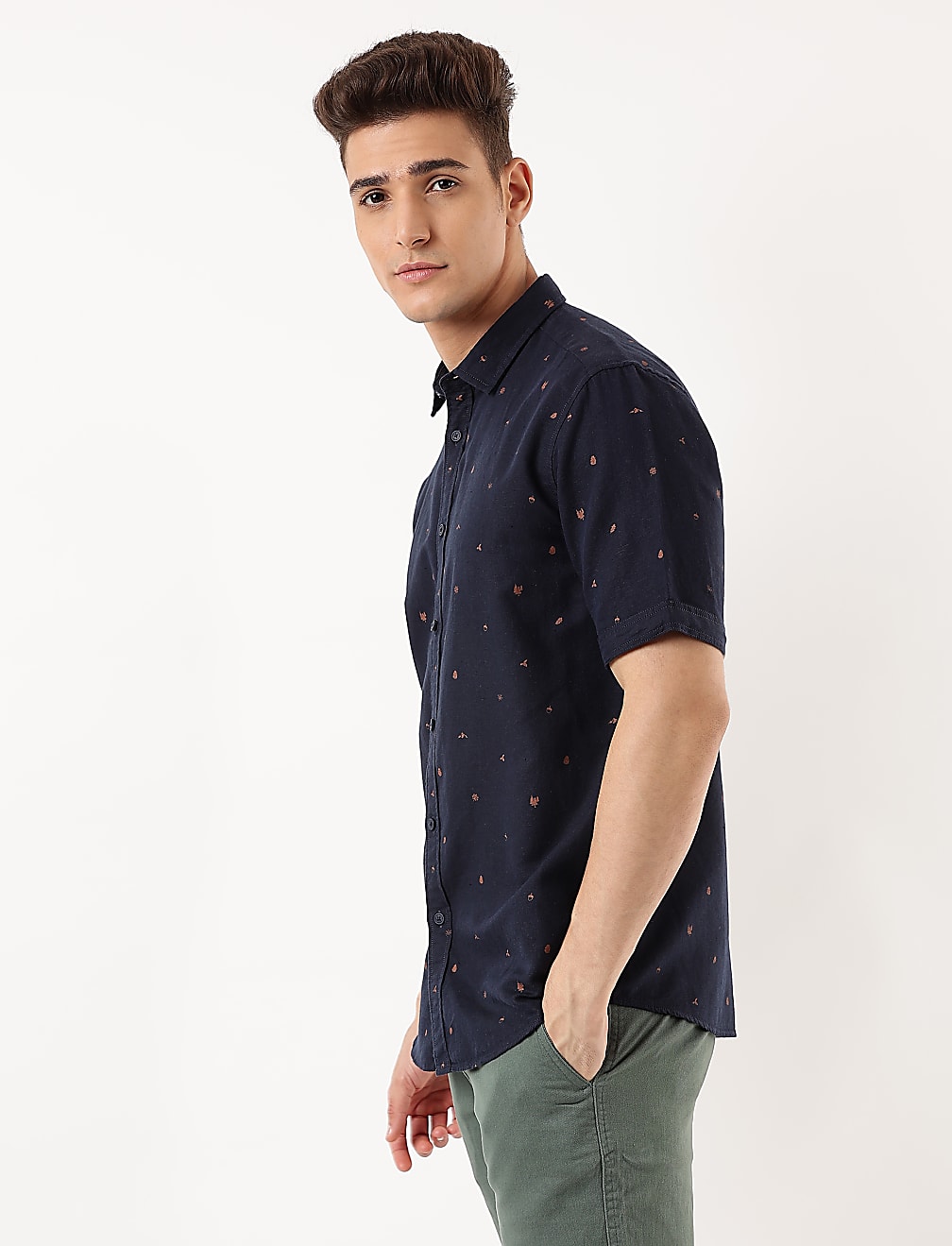 Linen Mix Printed Spread Collar Shirt