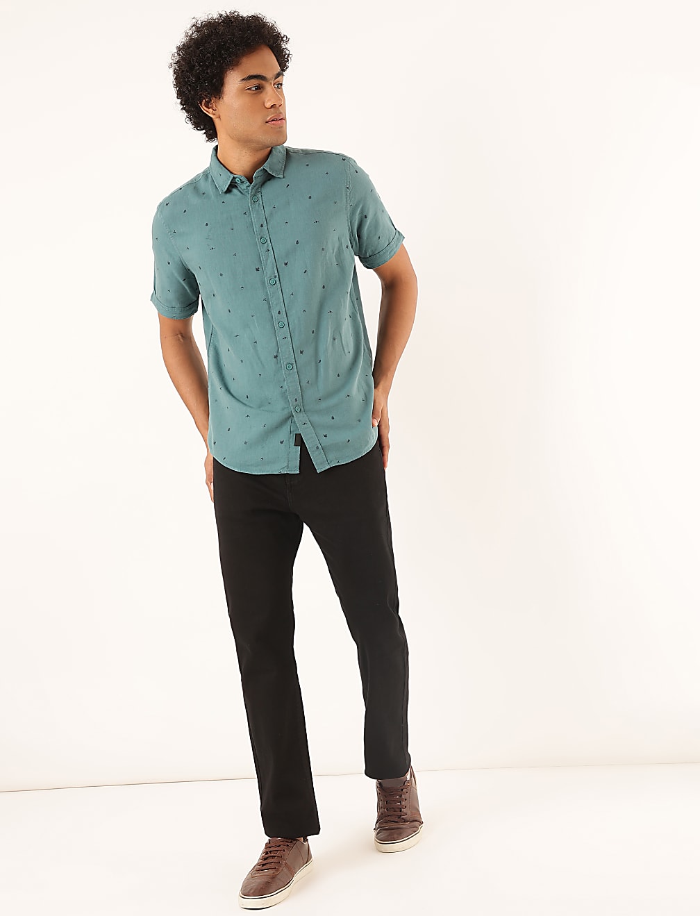 Linen Mix Printed Spread Collar Shirt