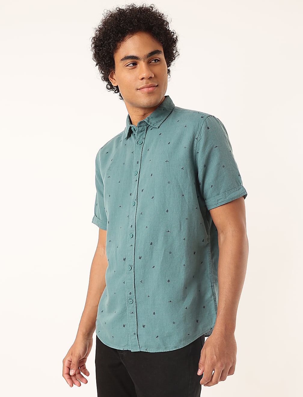 Linen Mix Printed Spread Collar Shirt