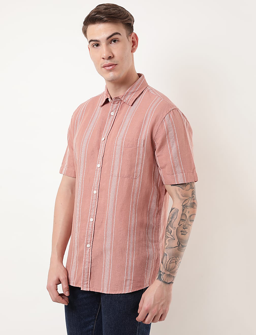 Linen Mix Striped Spread Collar Shirt