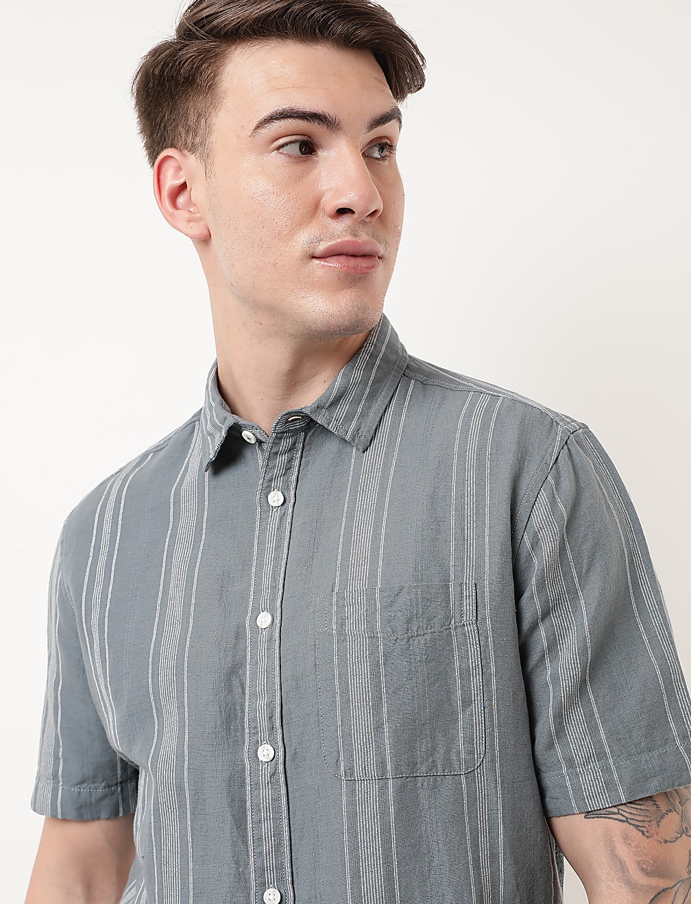 Linen Mix Striped Spread Collar Shirt