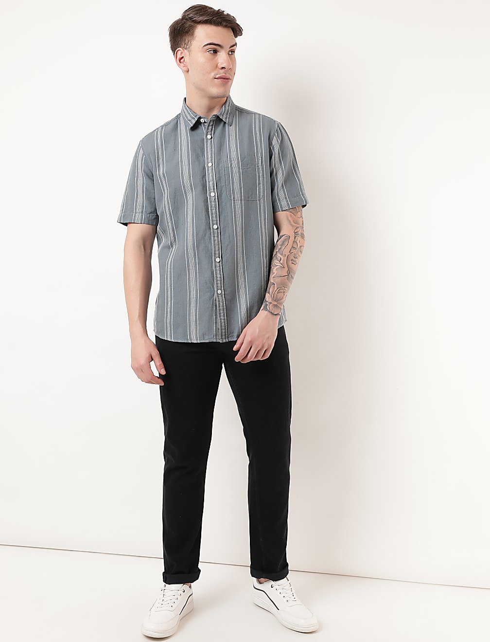 Linen Mix Striped Spread Collar Shirt