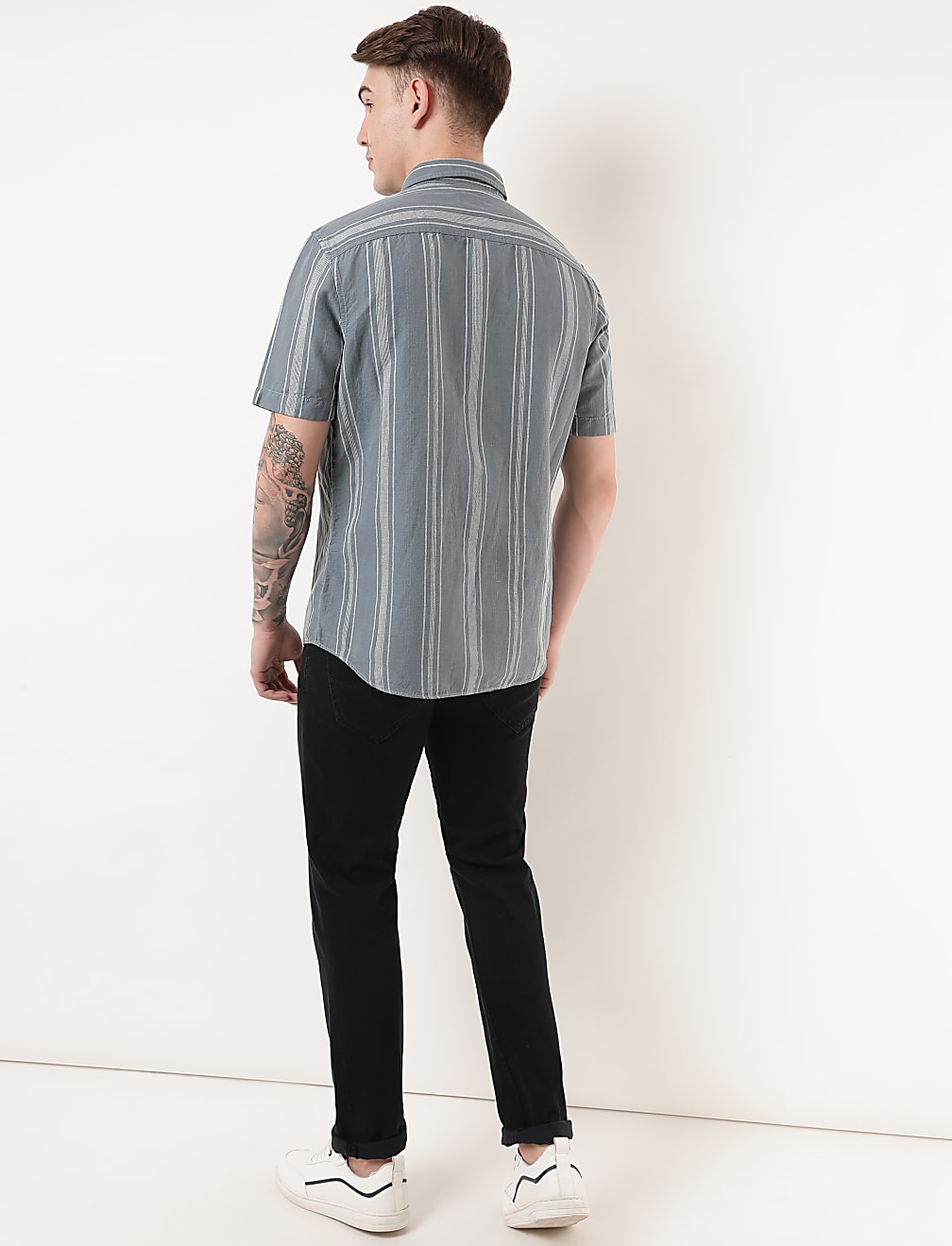 Linen Mix Striped Spread Collar Shirt