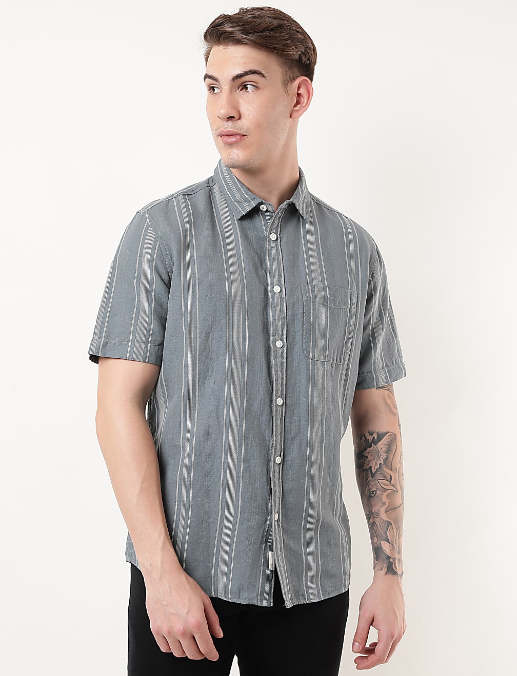 Linen Mix Striped Spread Collar Shirt
