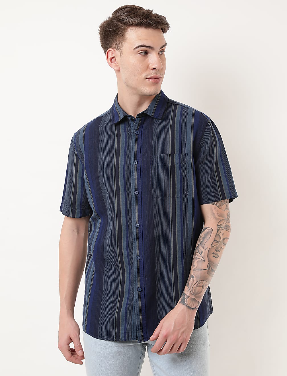 Linen Mix Striped Spread Collar Shirt