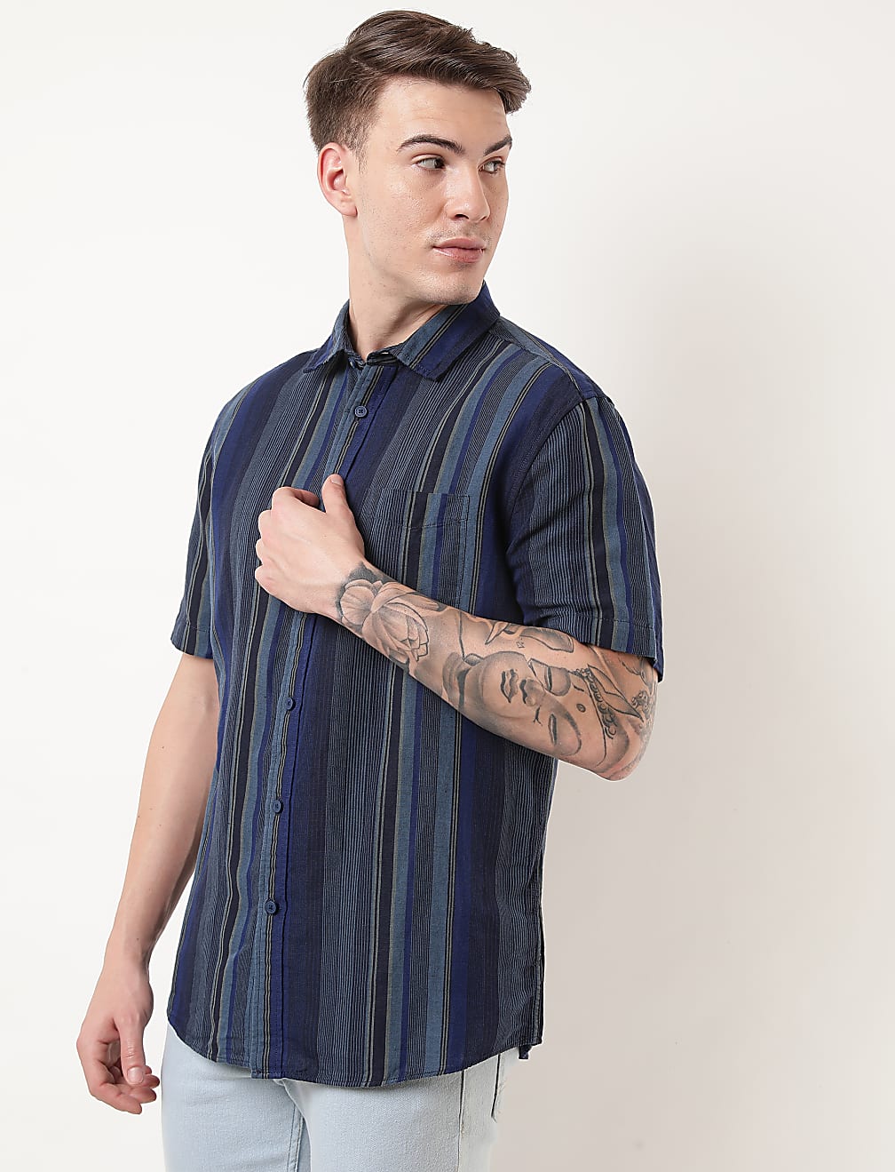 Linen Mix Striped Spread Collar Shirt