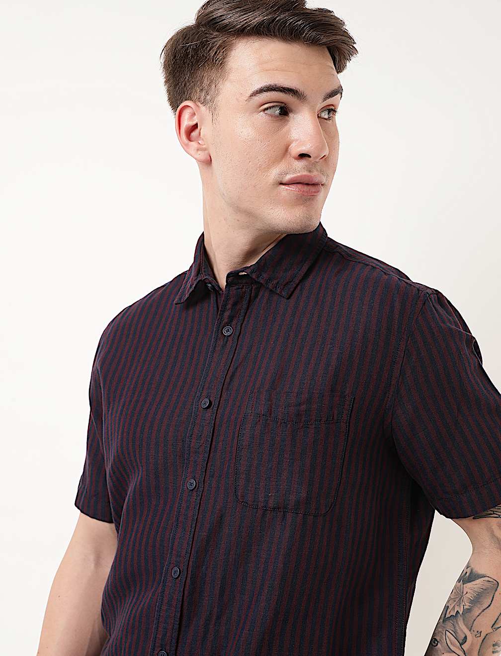 Linen Mix Striped Spread Collar Shirt