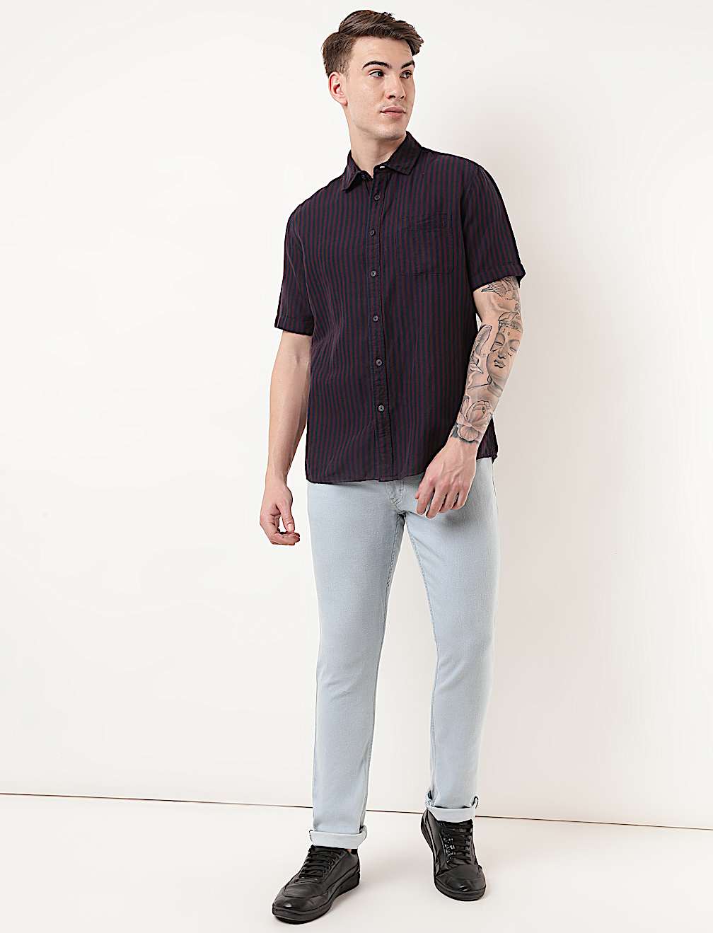 Linen Mix Striped Spread Collar Shirt