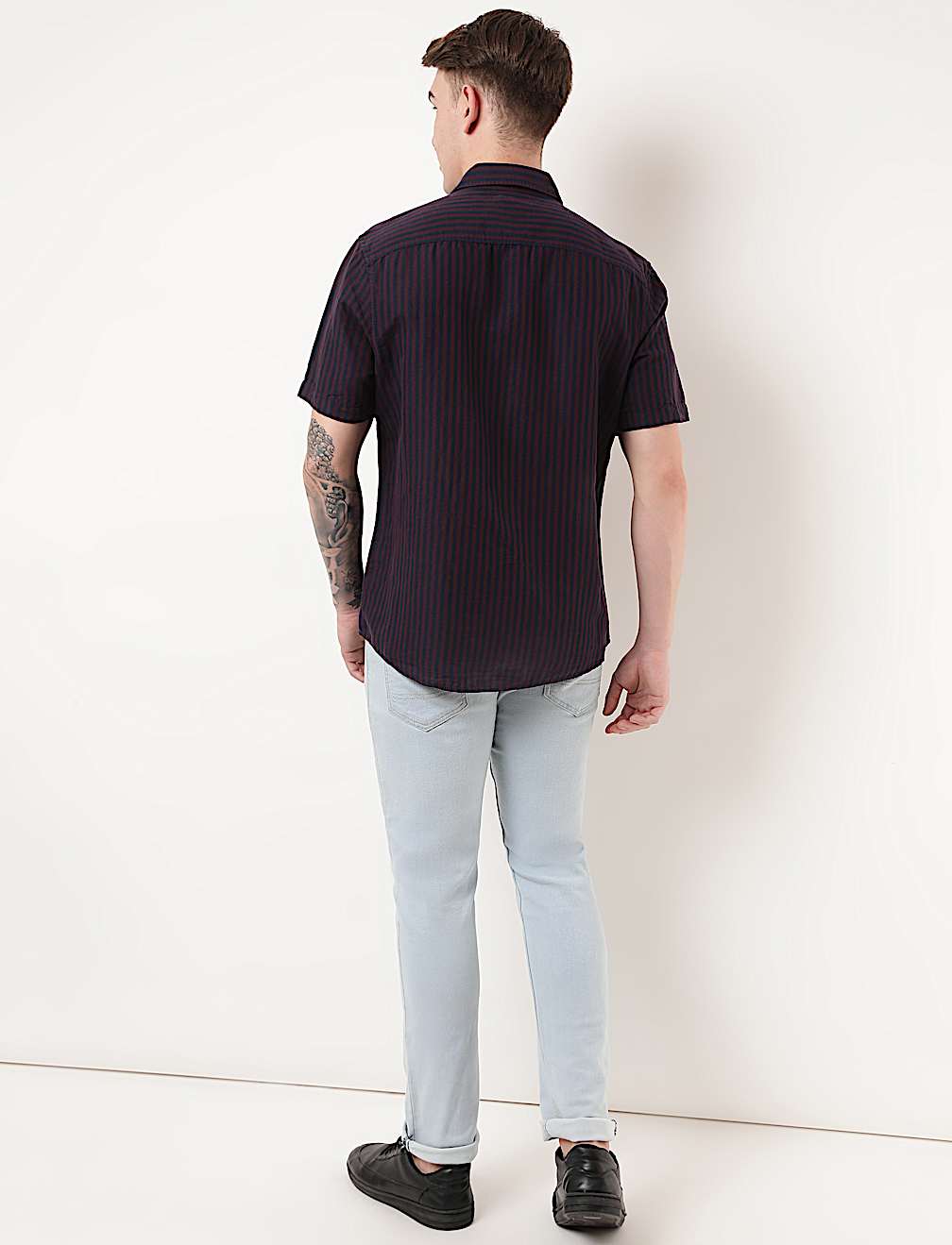 Linen Mix Striped Spread Collar Shirt