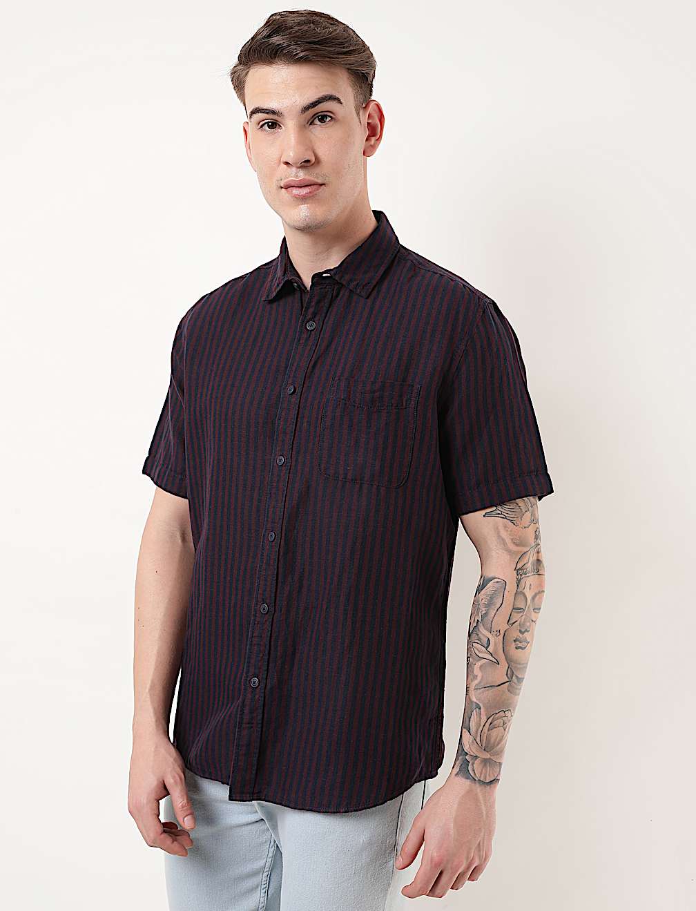 Linen Mix Striped Spread Collar Shirt