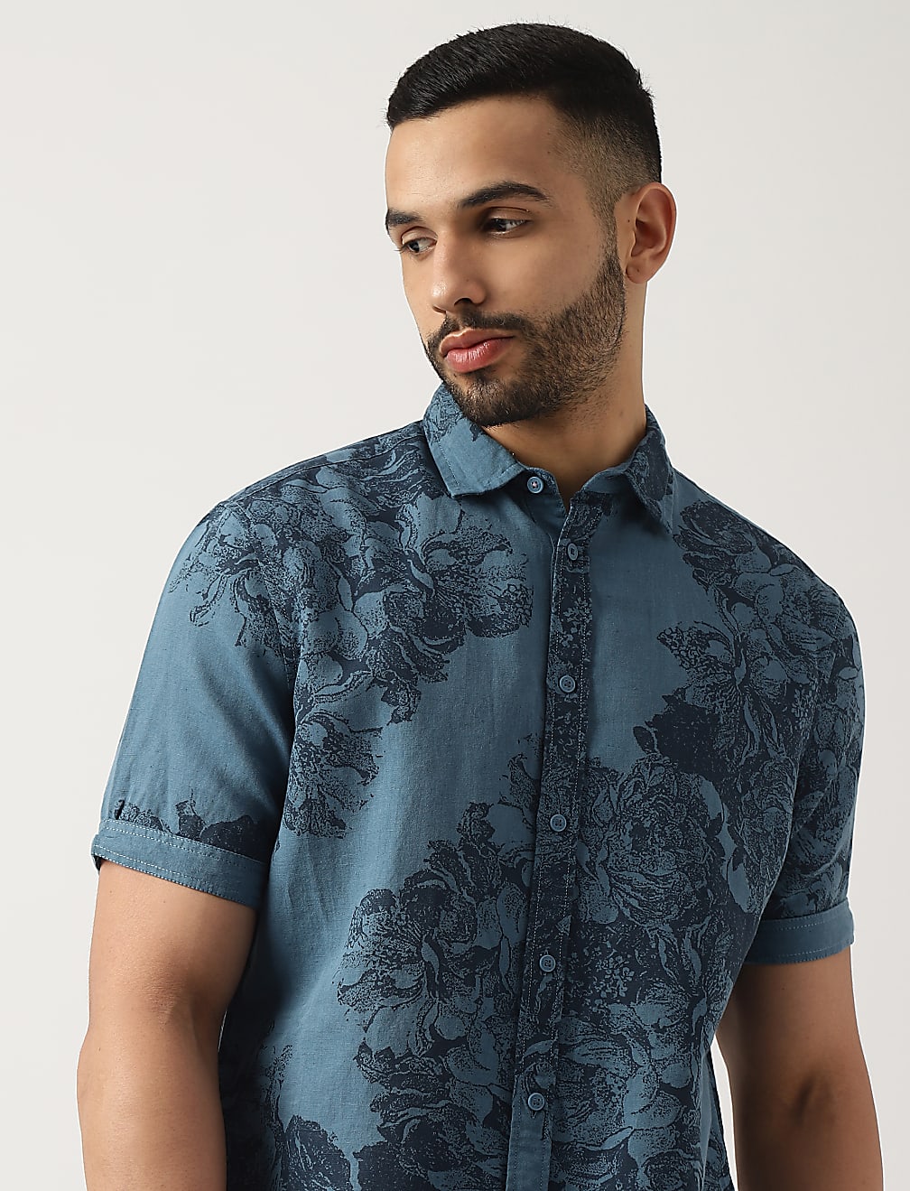 Flax Mix Floral Print Spread Collar Shirt