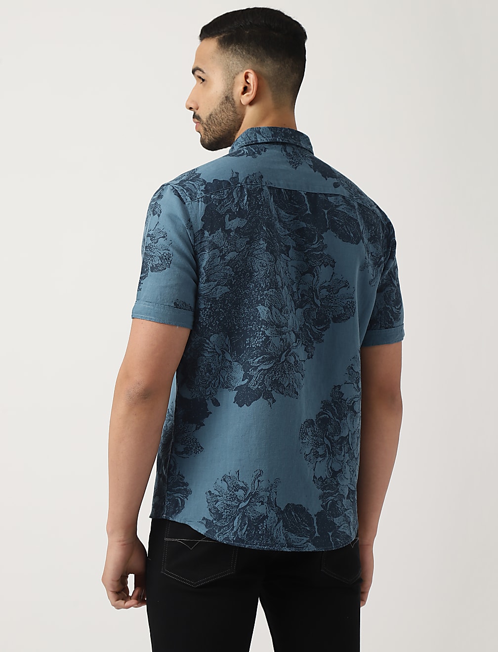 Flax Mix Floral Print Spread Collar Shirt