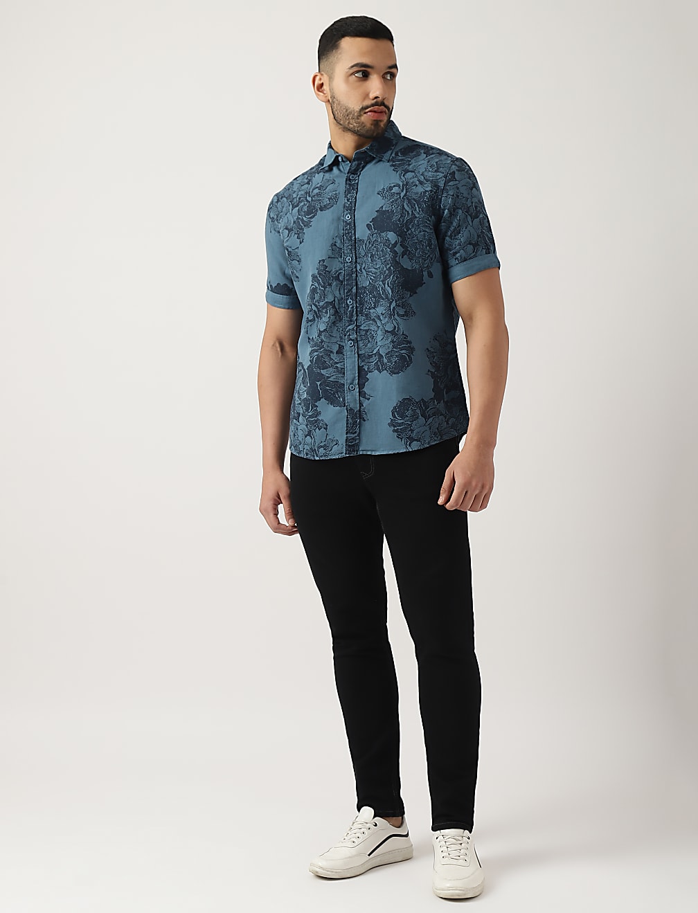 Flax Mix Floral Print Spread Collar Shirt