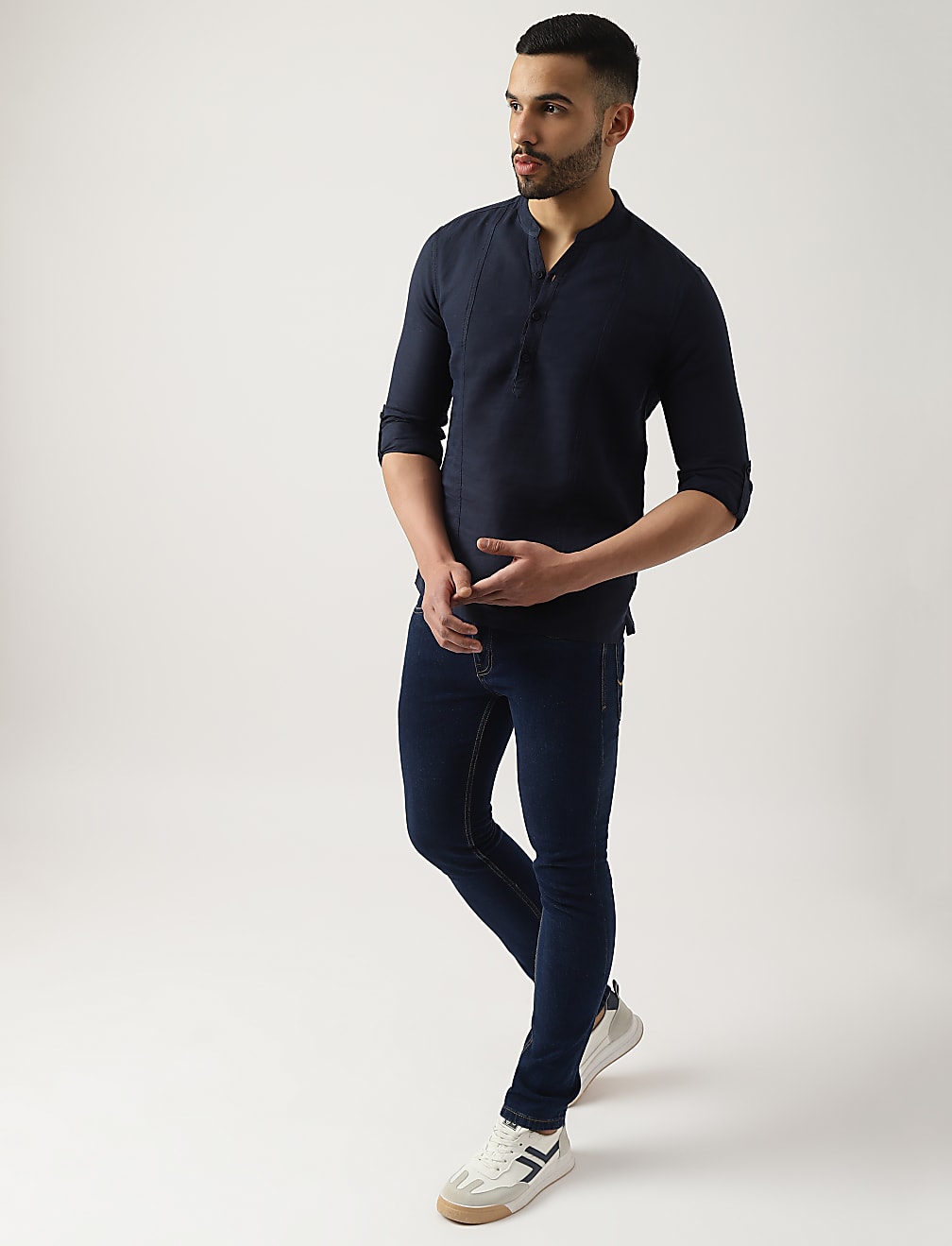 Linen Mix Plain Mandarin Collar Shirt